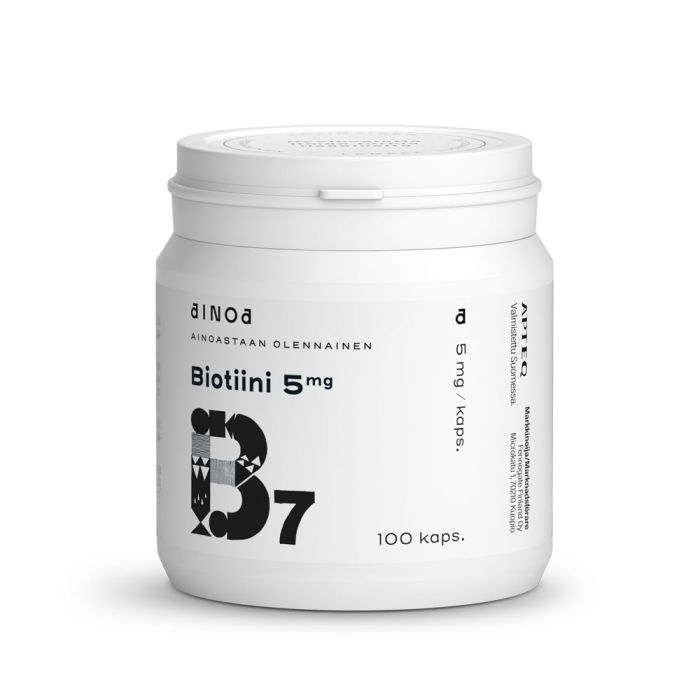 1000013797_Ainoa_Biotiini_5mg_100_kaps_pakkauskuva_Pakkauskuva13797_jpg